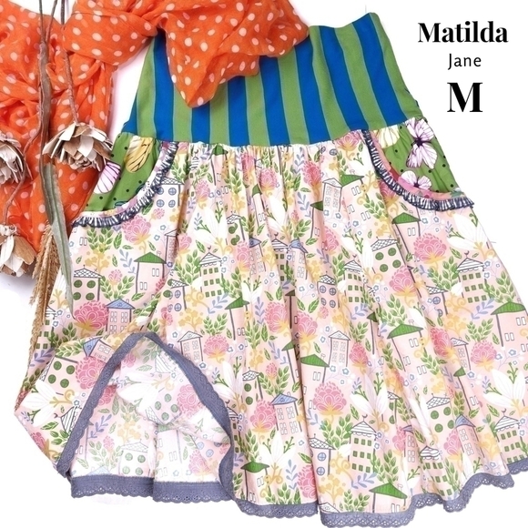 New Matilda Jane Pink Floral Green Blue Boho Striped High Waist Skirt Sz… - Picture 1 of 12